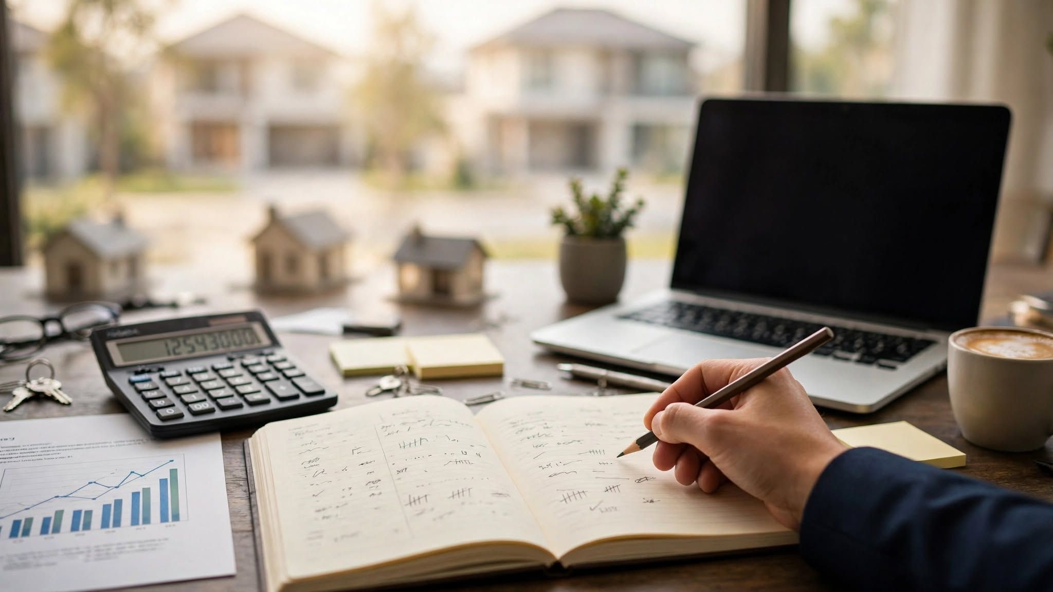 Accountant taking notes beside a calculator, laptop and model houses